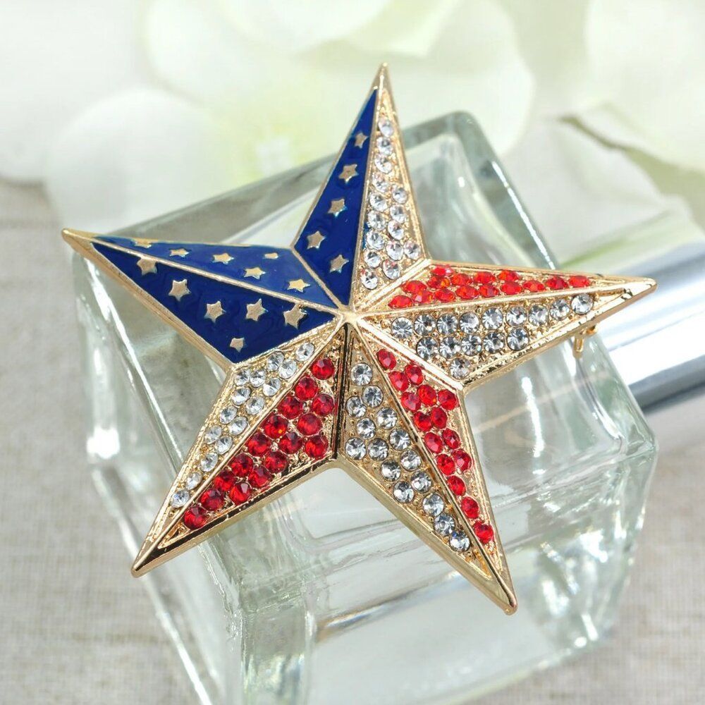 Patriotic American Flag Star Brooch, Featuring Red, White & Blue Rhinestones